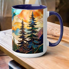 Stained Glass Style Mountain Mug, Forest Landscape Coffee Mug, Nature Lover Gift, Outdoor Adventure Mug, Fathers Day Gift 15oz