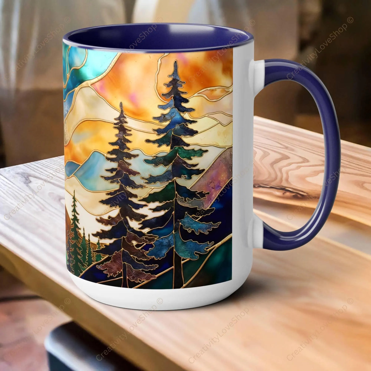 Stained Glass Style Mountain Mug, Forest Landscape Coffee Mug, Nature Lover Gift, Outdoor Adventure Mug, Fathers Day Gift 15oz