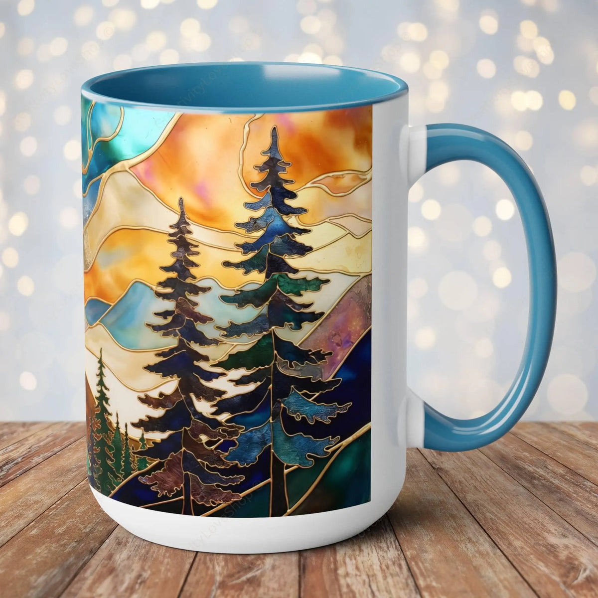 Stained Glass Style Mountain Mug, Forest Landscape Coffee Mug, Nature Lover Gift, Outdoor Adventure Mug, Fathers Day Gift 15oz