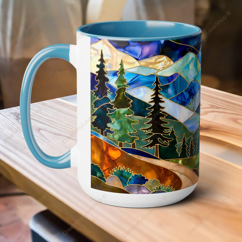Stained Glass Style Mountain Camper Mug, Camping Coffee Cup, Outdoor Adventure Mug, Nature Lover Gift, Fathers Day Mug, Forest Landscape Cup