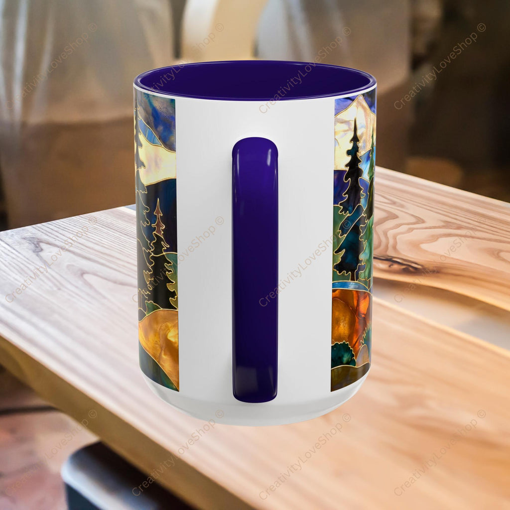 Stained Glass Style Mountain Camper Mug, Camping Coffee Cup, Outdoor Adventure Mug, Nature Lover Gift, Fathers Day Mug, Forest Landscape Cup