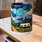 Stained Glass Style Mountain Camper Mug, Camping Coffee Cup, Outdoor Adventure Mug, Nature Lover Gift, Fathers Day Mug, Forest Landscape Cup