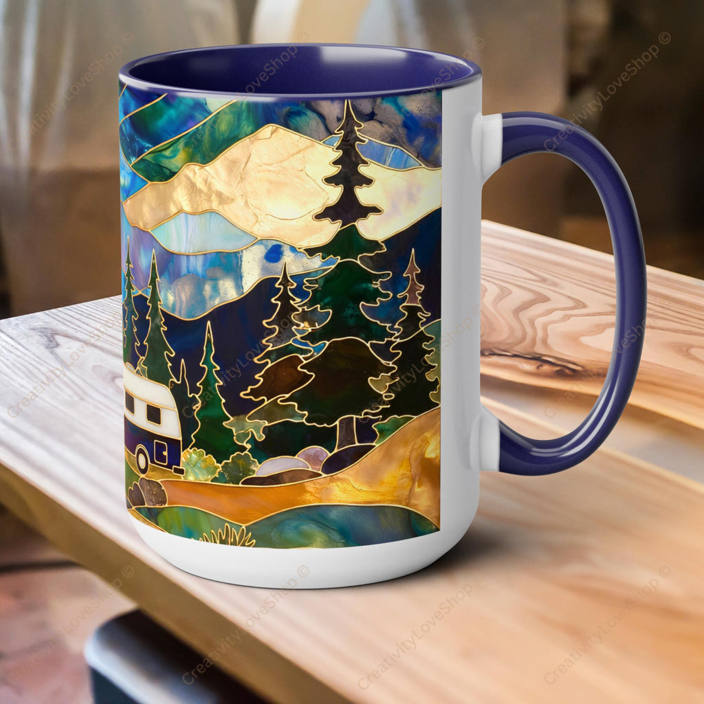 Stained Glass Style Mountain Camper Mug, Camping Coffee Cup, Outdoor Adventure Mug, Nature Lover Gift, Fathers Day Mug, Forest Landscape Cup