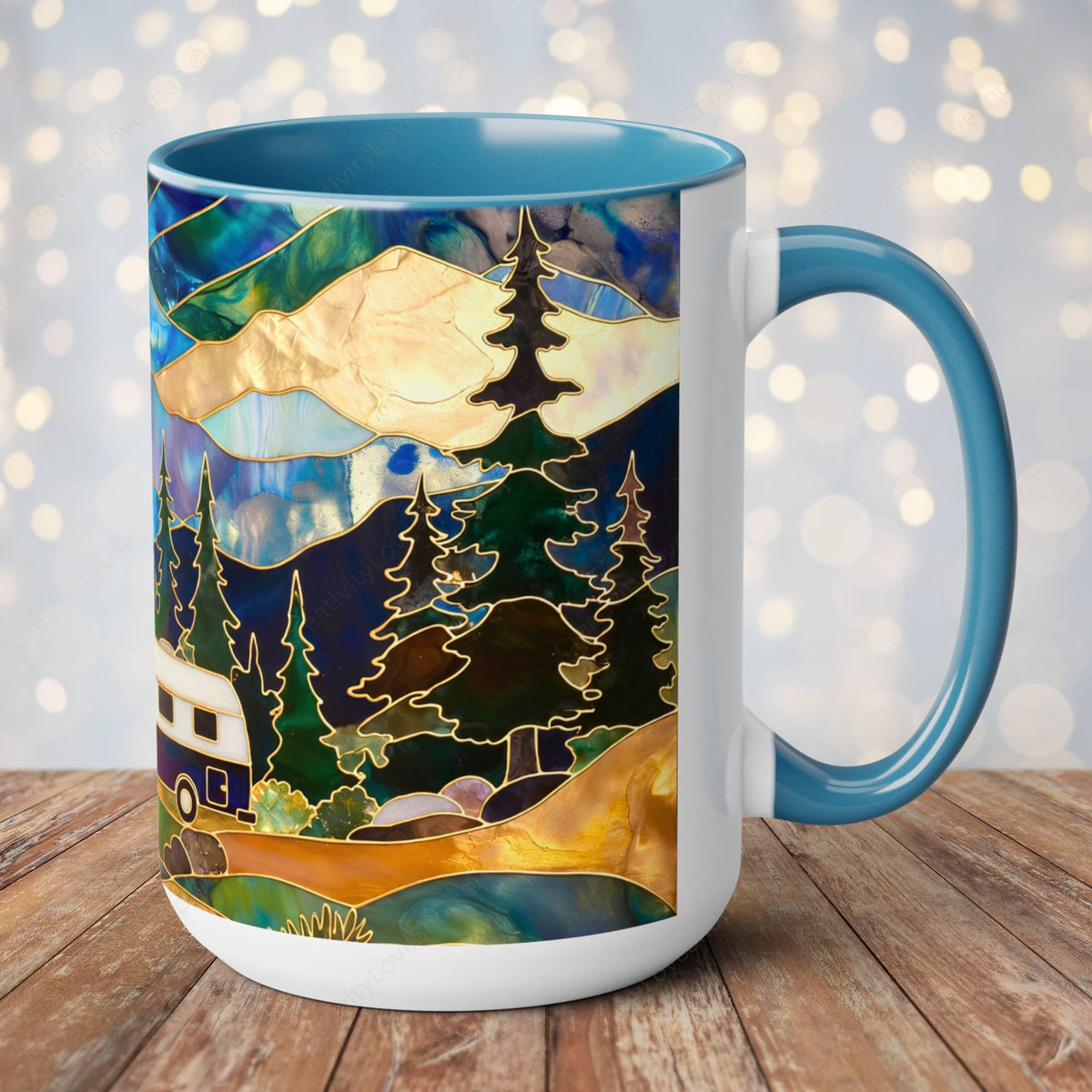 Stained Glass Style Mountain Camper Mug, Camping Coffee Cup, Outdoor Adventure Mug, Nature Lover Gift, Fathers Day Mug, Forest Landscape Cup