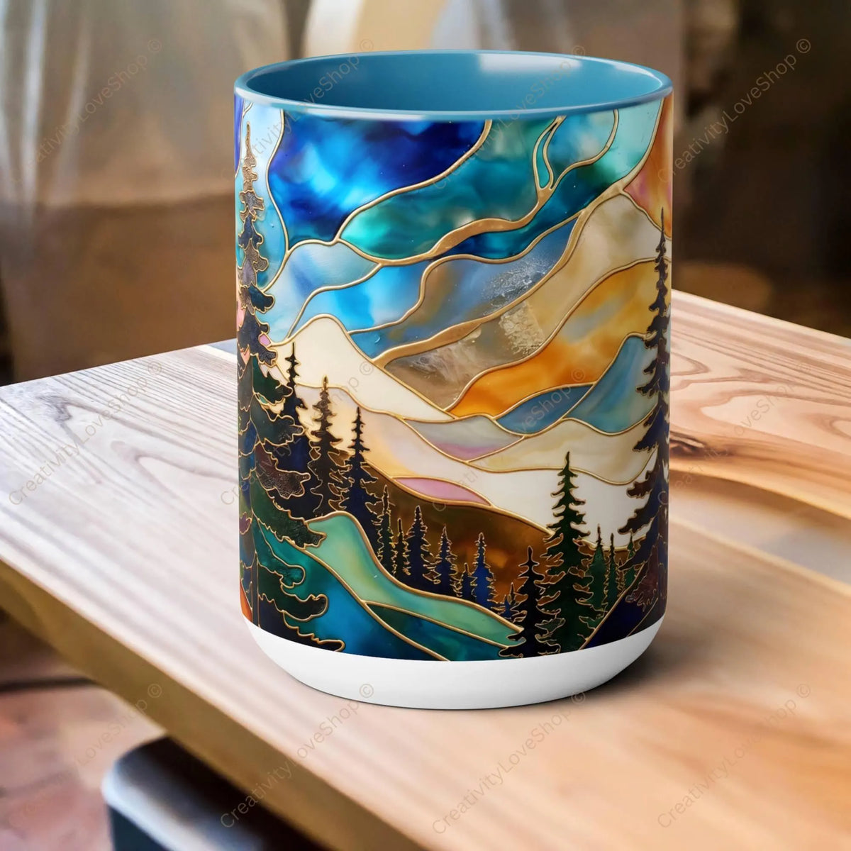 Stained Glass Style Mountain Mug, Forest Landscape Coffee Mug, Nature Lover Gift, Outdoor Adventure Mug, Fathers Day Gift 15oz