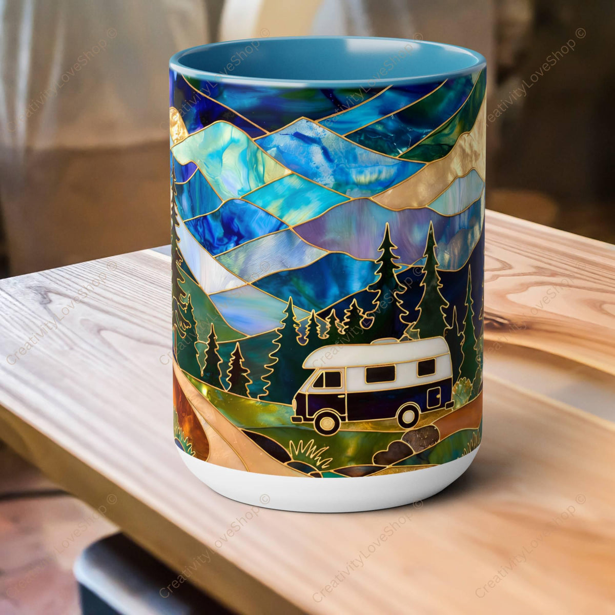 Stained Glass Style Mountain Camper Mug, Camping Coffee Cup, Outdoor Adventure Mug, Nature Lover Gift, Fathers Day Mug, Forest Landscape Cup