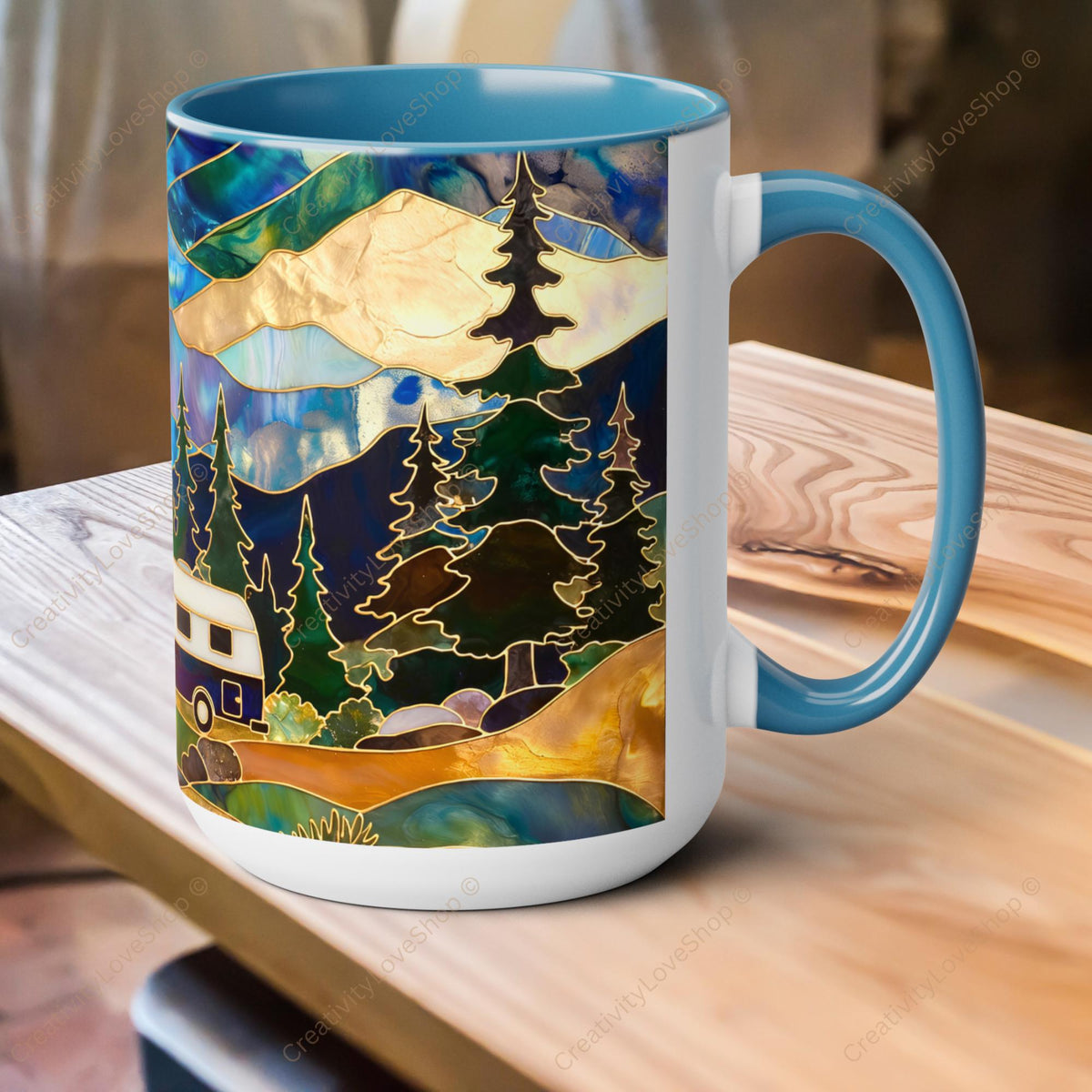 Stained Glass Style Mountain Camper Mug, Camping Coffee Cup, Outdoor Adventure Mug, Nature Lover Gift, Fathers Day Mug, Forest Landscape Cup