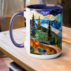Stained Glass Style Mountain Camper Mug, Camping Coffee Cup, Outdoor Adventure Mug, Nature Lover Gift, Fathers Day Mug, Forest Landscape Cup
