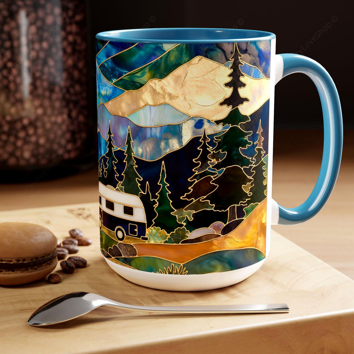 Stained Glass Style Mountain Camper Mug, Camping Coffee Cup, Outdoor Adventure Mug, Nature Lover Gift, Fathers Day Mug, Forest Landscape Cup