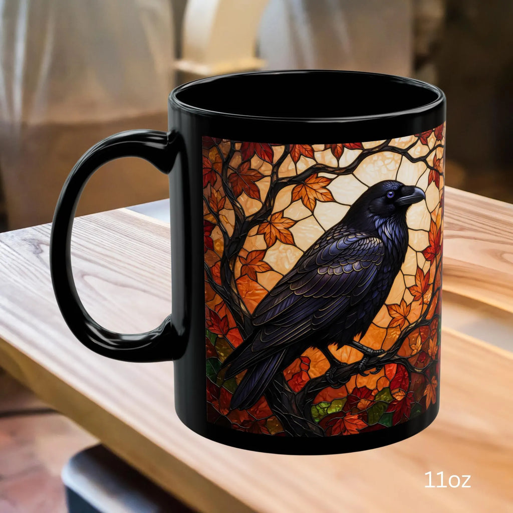 Raven Mug, Stained Glass Crow Coffee Mug, Gothic Raven Mug, Dark Academia Gift, Witchy Fall Mug, Bird Lover Gift, Halloween Cup 11oz, 15oz