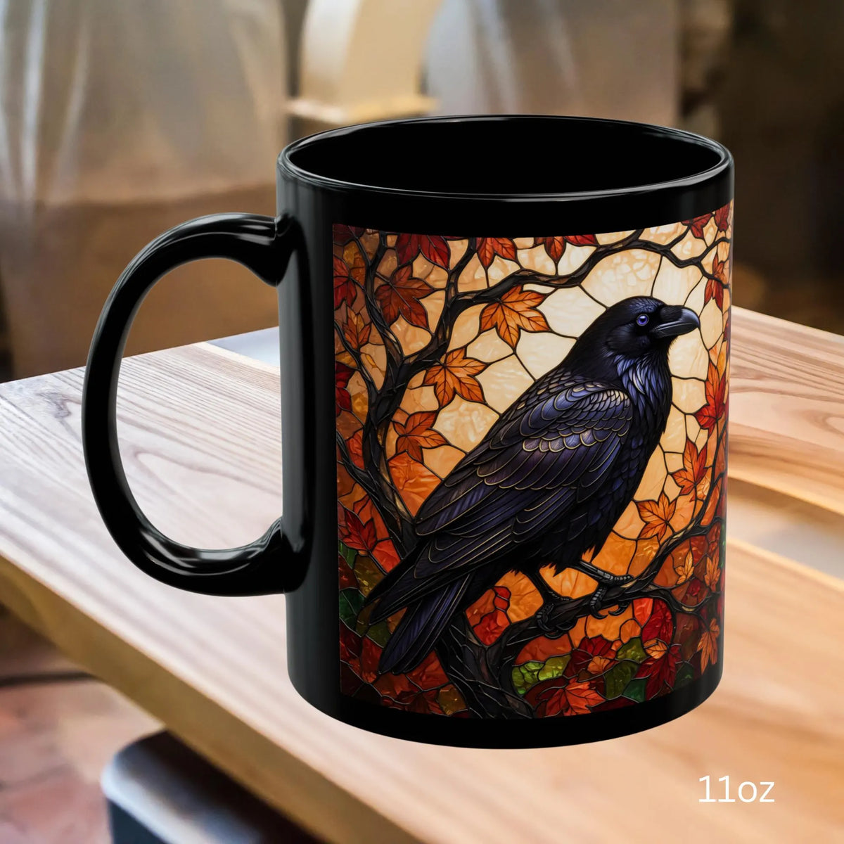 Raven Mug, Stained Glass Crow Coffee Mug, Gothic Raven Mug, Dark Academia Gift, Witchy Fall Mug, Bird Lover Gift, Halloween Cup 11oz, 15oz