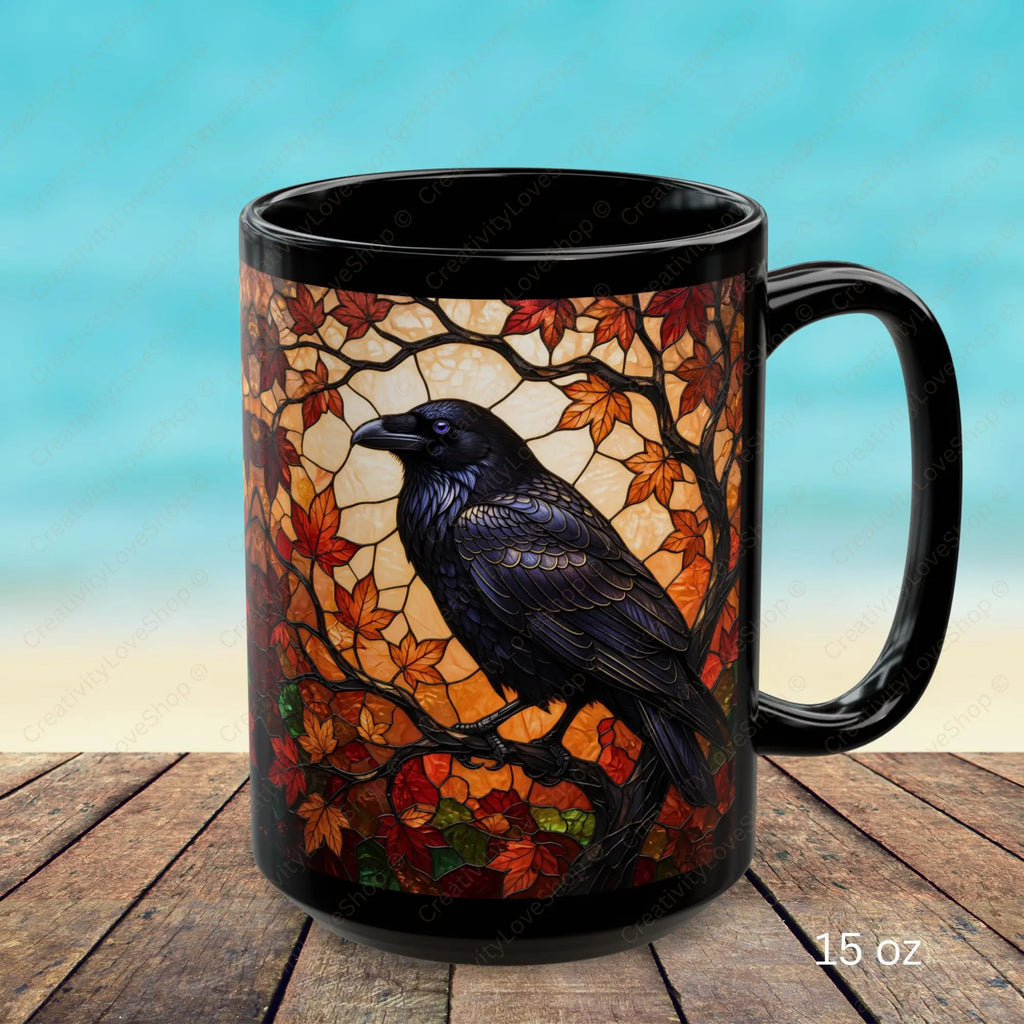 Raven Mug, Stained Glass Crow Coffee Mug, Gothic Raven Mug, Dark Academia Gift, Witchy Fall Mug, Bird Lover Gift, Halloween Cup 11oz, 15oz