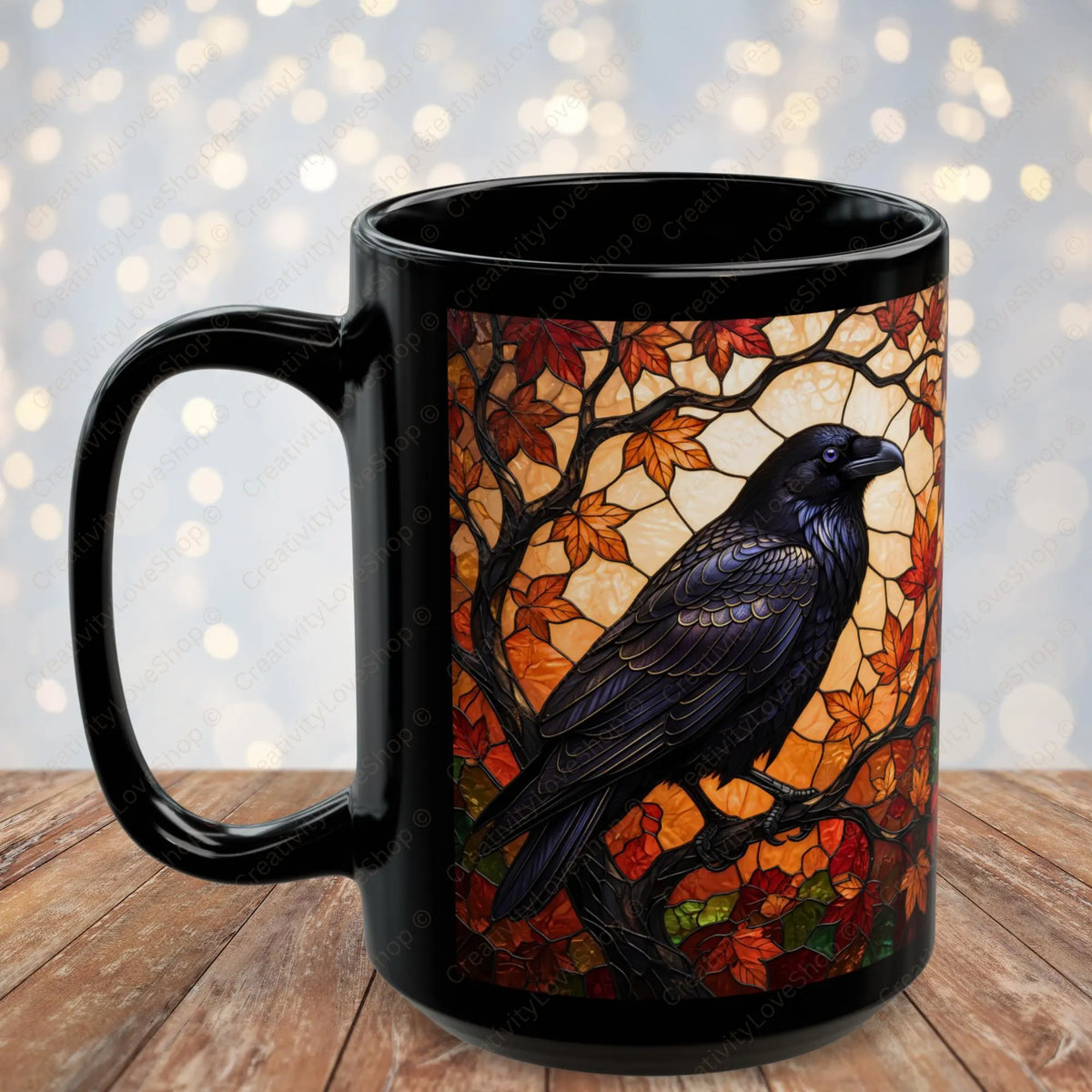 Raven Mug, Stained Glass Crow Coffee Mug, Gothic Raven Mug, Dark Academia Gift, Witchy Fall Mug, Bird Lover Gift, Halloween Cup 11oz, 15oz