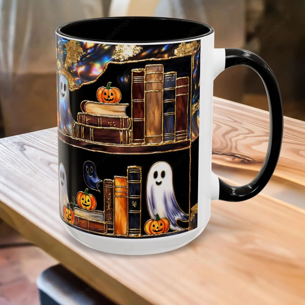 Halloween Ghost Bookshelf Mug, Cute Ghost Coffee Mug, Book Lover Gift, Spooky Books Mug, Fall Mug, Gothic Library Cup, Dark Academia Mug