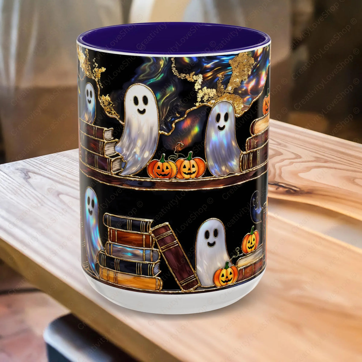 Halloween Ghost Bookshelf Mug, Cute Ghost Coffee Mug, Book Lover Gift, Spooky Books Mug, Fall Mug, Gothic Library Cup, Dark Academia Mug