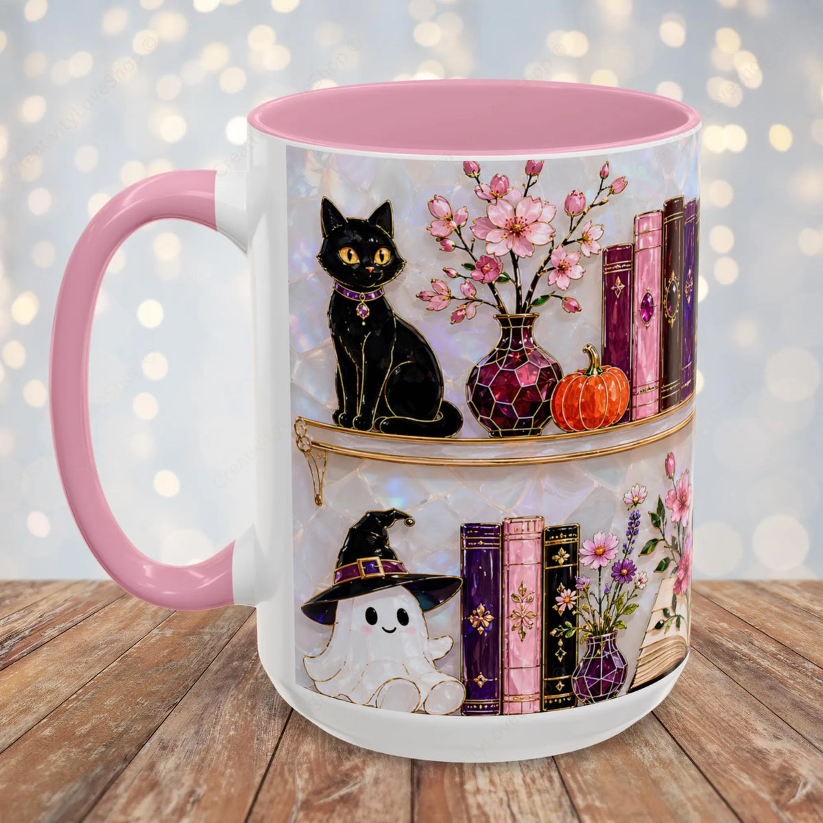 Halloween Ghost Bookshelf Mug, Cute Ghost Coffee Mug, Book Lover Gift, Pink Halloween Mug, Witchy Books Mug, Black Cat Mug, Fall Coffee Cup