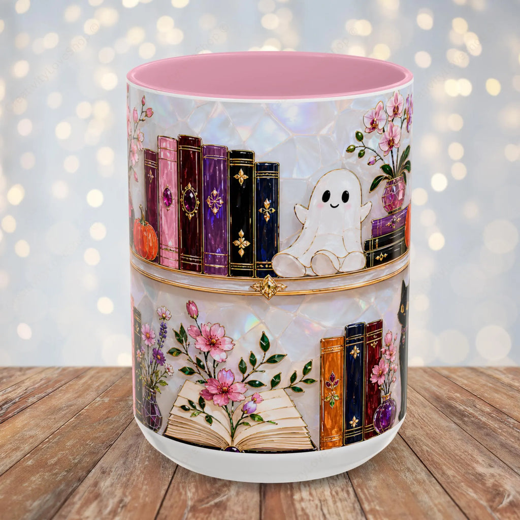 Halloween Ghost Bookshelf Mug, Cute Ghost Coffee Mug, Book Lover Gift, Pink Halloween Mug, Witchy Books Mug, Black Cat Mug, Fall Coffee Cup
