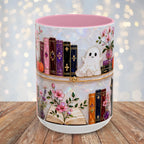 Halloween Ghost Bookshelf Mug, Cute Ghost Coffee Mug, Book Lover Gift, Pink Halloween Mug, Witchy Books Mug, Black Cat Mug, Fall Coffee Cup