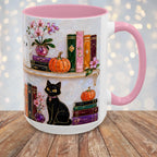 Halloween Ghost Bookshelf Mug, Cute Ghost Coffee Mug, Book Lover Gift, Pink Halloween Mug, Witchy Books Mug, Black Cat Mug, Fall Coffee Cup