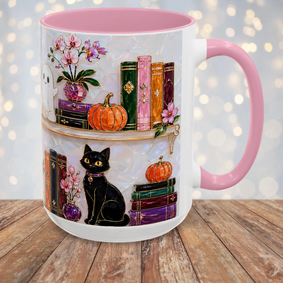 Halloween Ghost Bookshelf Mug, Cute Ghost Coffee Mug, Book Lover Gift, Pink Halloween Mug, Witchy Books Mug, Black Cat Mug, Fall Coffee Cup