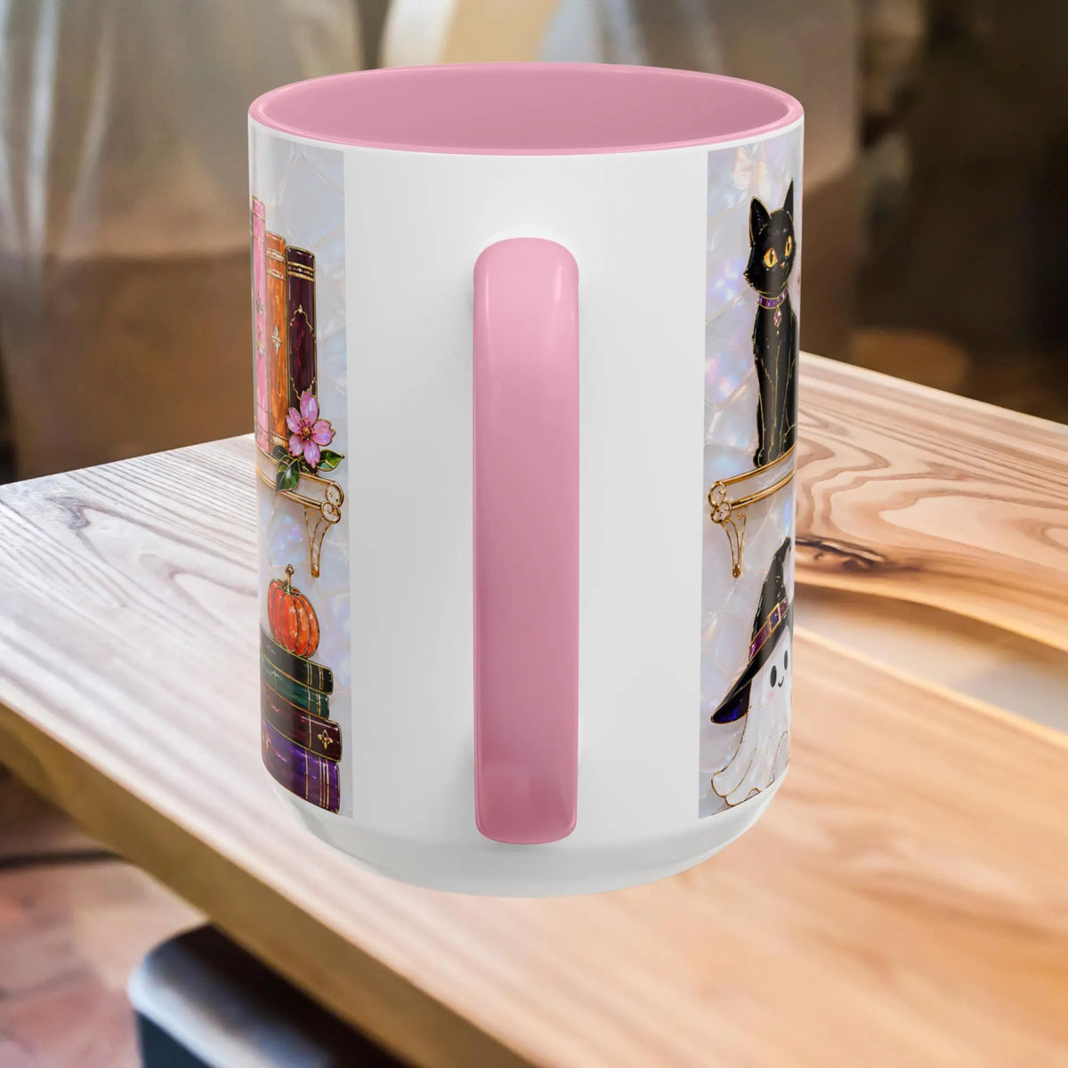 Halloween Ghost Bookshelf Mug, Cute Ghost Coffee Mug, Book Lover Gift, Pink Halloween Mug, Witchy Books Mug, Black Cat Mug, Fall Coffee Cup