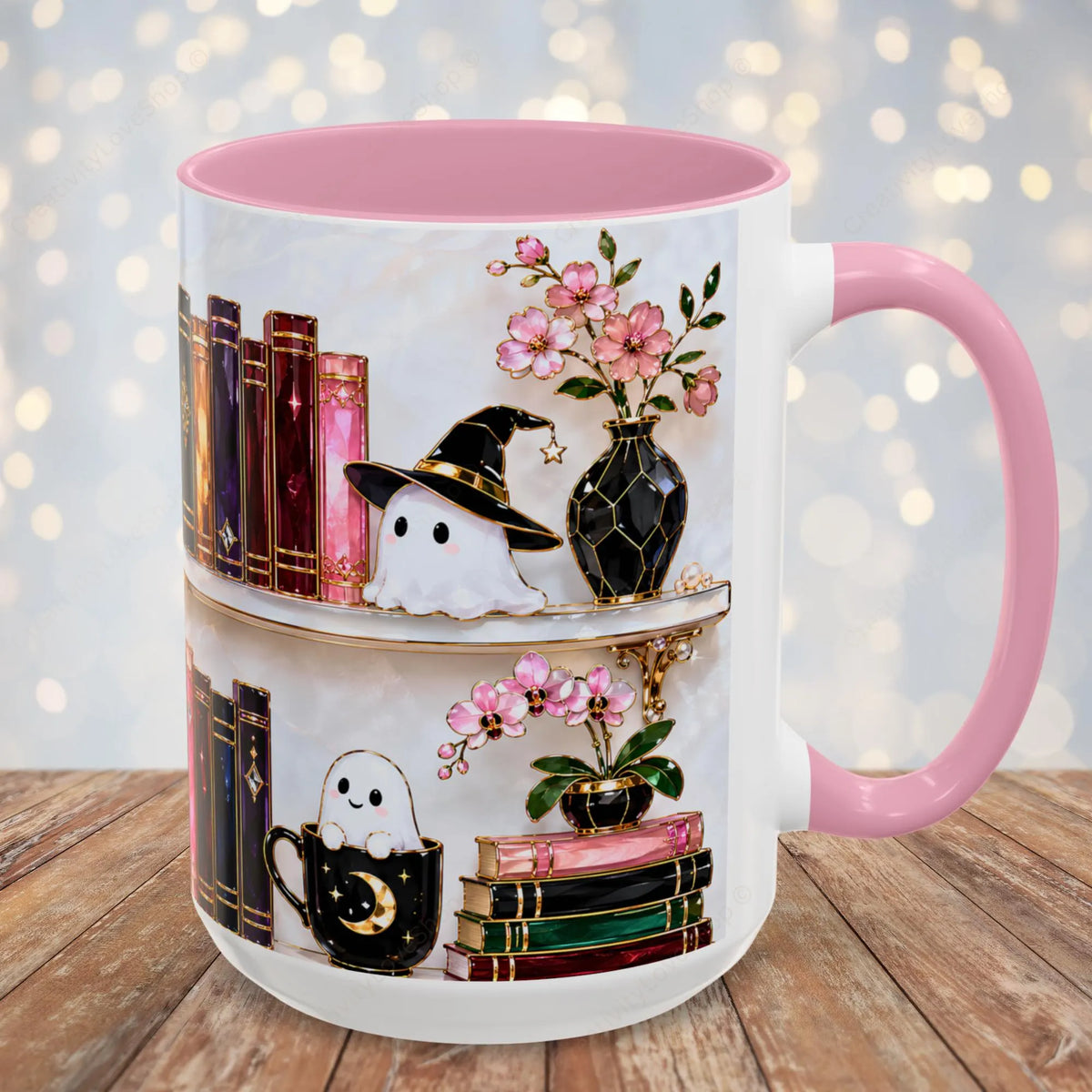 Halloween Ghost Bookshelf Mug, Black Cat Coffee Mug, Witchy Ghost Mug, Book Lover Gift, Spooky Library Mug, Pink Floral Bookshelf Mug 15oz