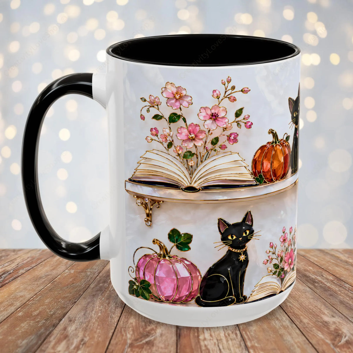 Halloween Ghost Bookshelf Mug, Black Cat Coffee Mug, Witchy Ghost Mug, Book Lover Gift, Spooky Library Mug, Pink Floral Bookshelf Mug 15oz