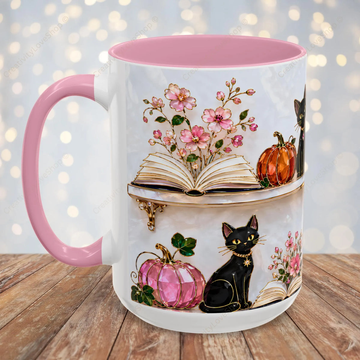 Halloween Ghost Bookshelf Mug, Black Cat Coffee Mug, Witchy Ghost Mug, Book Lover Gift, Spooky Library Mug, Pink Floral Bookshelf Mug 15oz