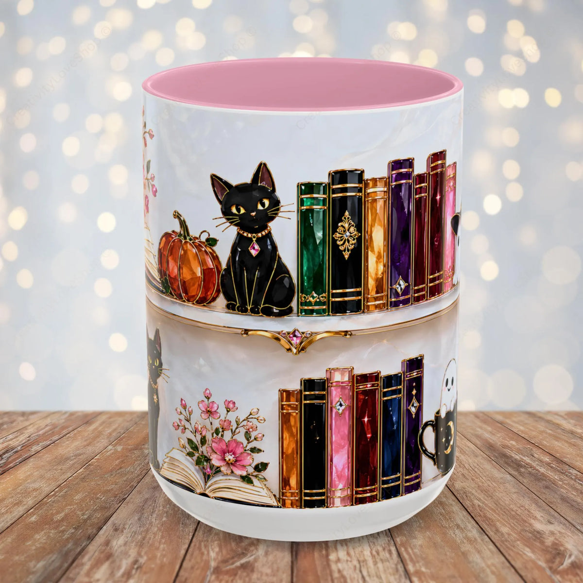 Halloween Ghost Bookshelf Mug, Black Cat Coffee Mug, Witchy Ghost Mug, Book Lover Gift, Spooky Library Mug, Pink Floral Bookshelf Mug 15oz