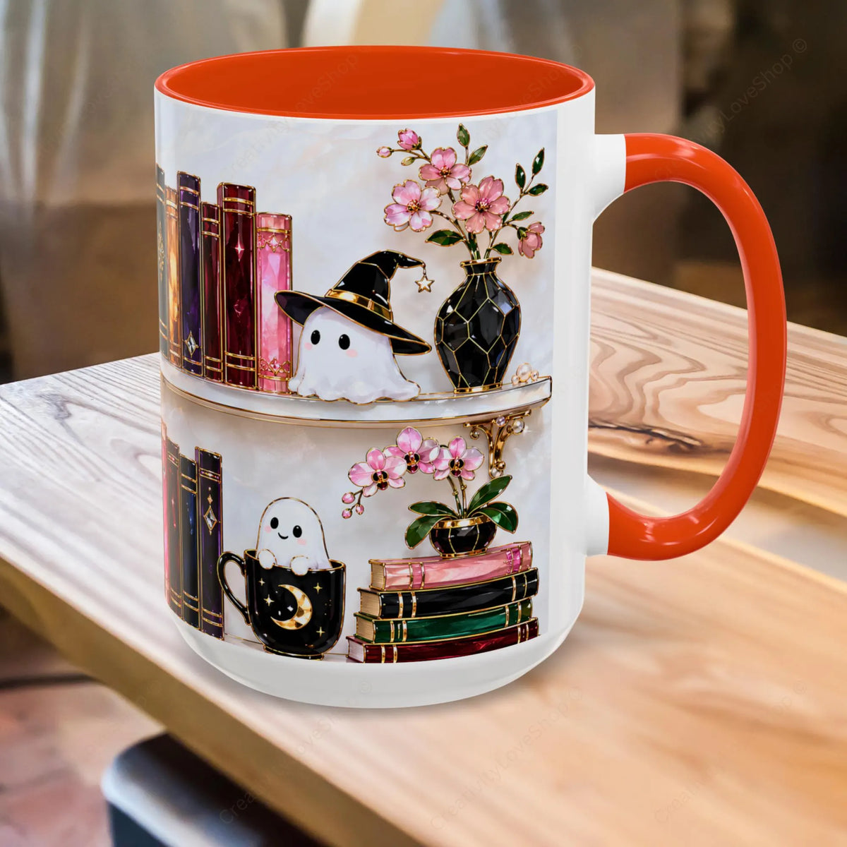 Halloween Ghost Bookshelf Mug, Black Cat Coffee Mug, Witchy Ghost Mug, Book Lover Gift, Spooky Library Mug, Pink Floral Bookshelf Mug 15oz
