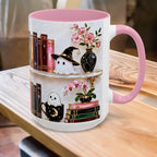 Halloween Ghost Bookshelf Mug, Black Cat Coffee Mug, Witchy Ghost Mug, Book Lover Gift, Spooky Library Mug, Pink Floral Bookshelf Mug 15oz