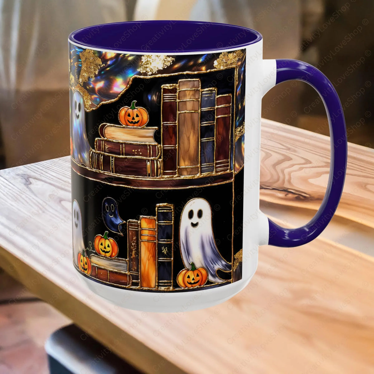 Halloween Ghost Bookshelf Mug, Cute Ghost Coffee Mug, Book Lover Gift, Spooky Books Mug, Fall Mug, Gothic Library Cup, Dark Academia Mug