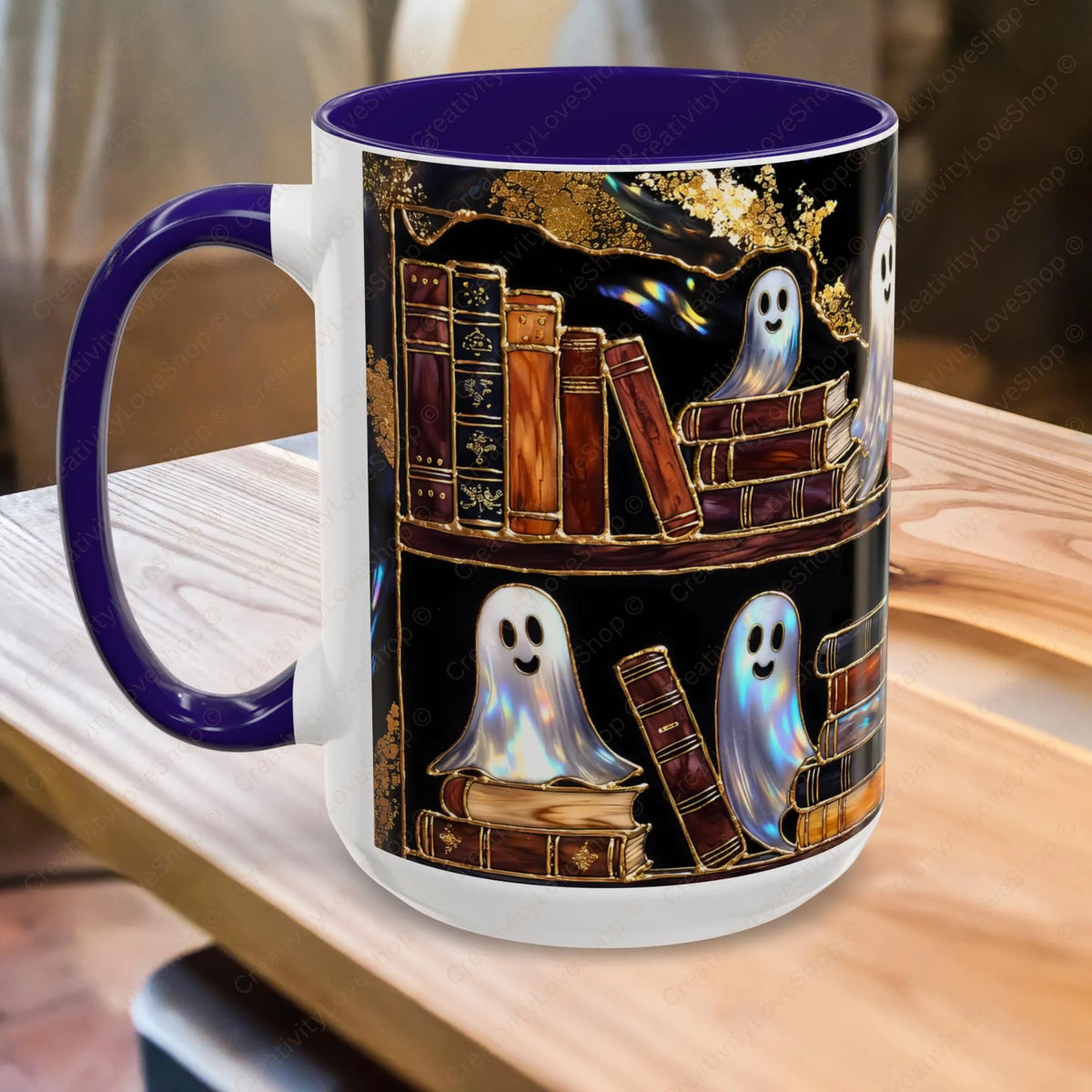 Halloween Ghost Bookshelf Mug, Cute Ghost Coffee Mug, Book Lover Gift, Spooky Books Mug, Fall Mug, Gothic Library Cup, Dark Academia Mug