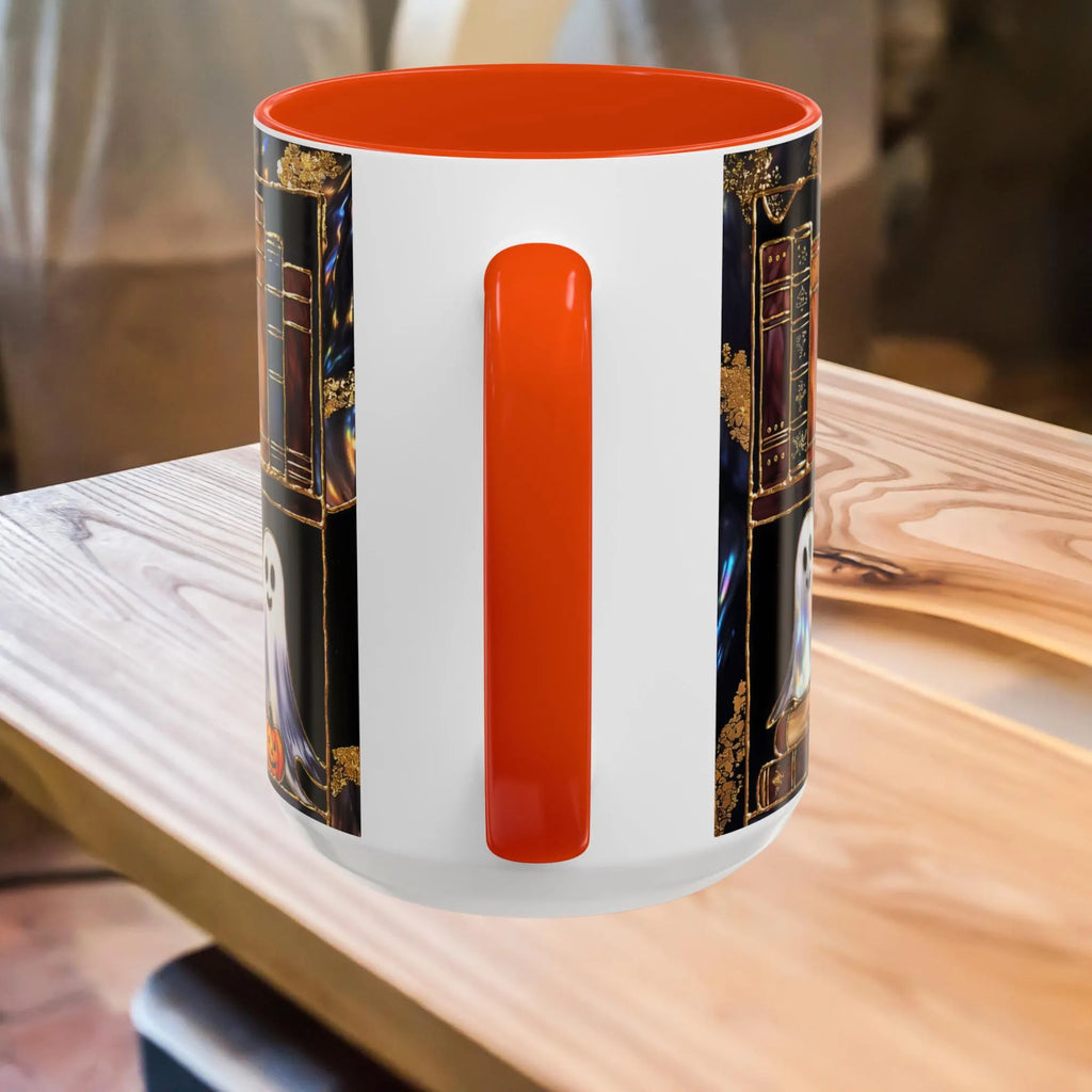 Halloween Ghost Bookshelf Mug, Cute Ghost Coffee Mug, Book Lover Gift, Spooky Books Mug, Fall Mug, Gothic Library Cup, Dark Academia Mug