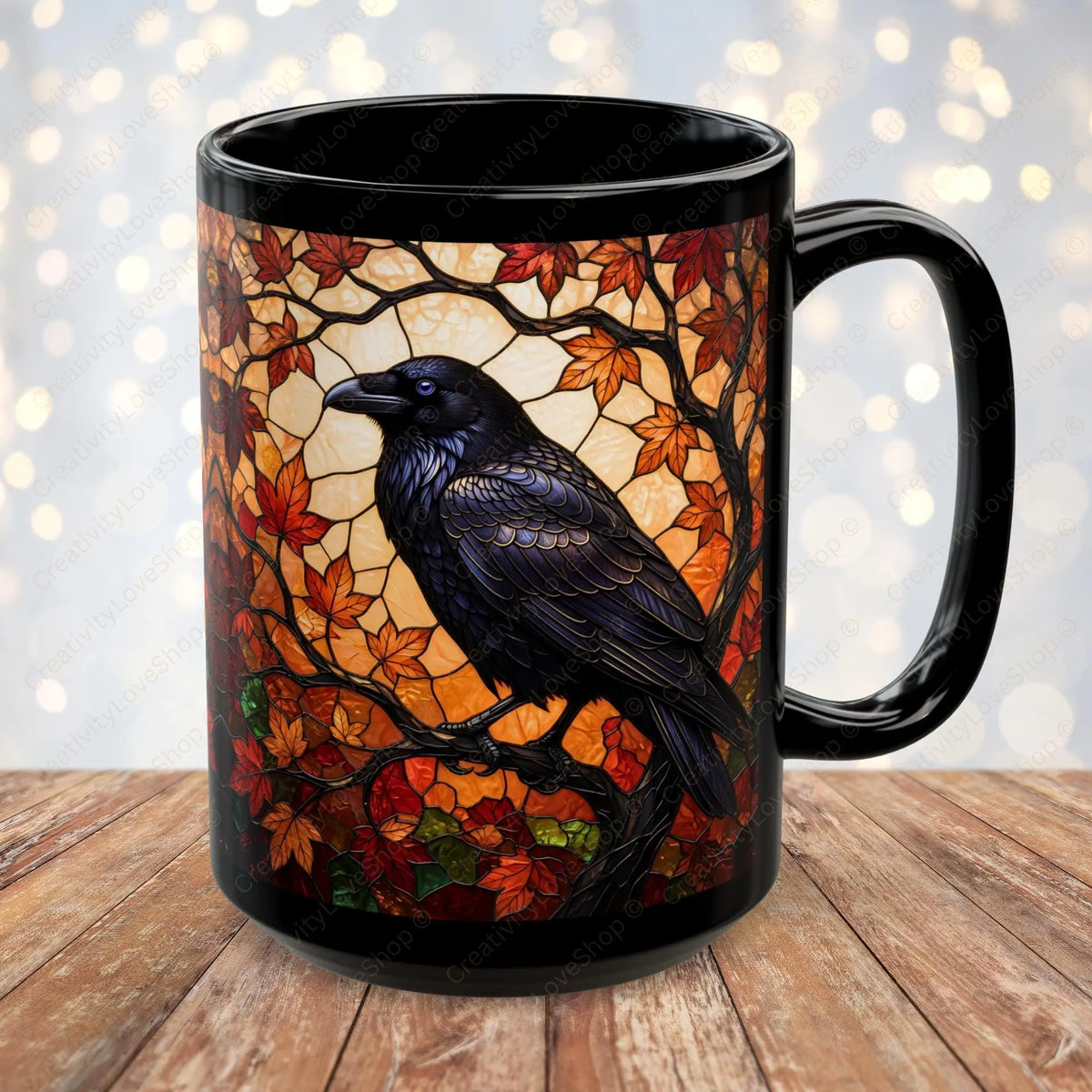 Raven Mug, Stained Glass Crow Coffee Mug, Gothic Raven Mug, Dark Academia Gift, Witchy Fall Mug, Bird Lover Gift, Halloween Cup 11oz, 15oz