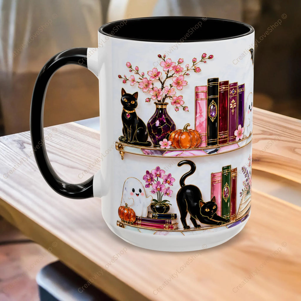 Halloween Ghost Bookshelf Mug, Black Cat Coffee Mug, Book Lover Gift, Witchy Ghost Mug, Spooky Library Cup, Fall Mug, Dark Academia Mug