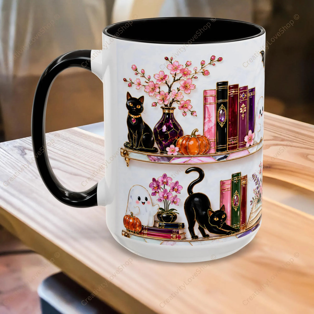 Halloween Ghost Bookshelf Mug, Black Cat Coffee Mug, Book Lover Gift, Witchy Ghost Mug, Spooky Library Cup, Fall Mug, Dark Academia Mug