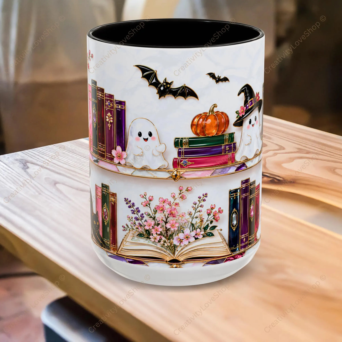Halloween Ghost Bookshelf Mug, Black Cat Coffee Mug, Book Lover Gift, Witchy Ghost Mug, Spooky Library Cup, Fall Mug, Dark Academia Mug