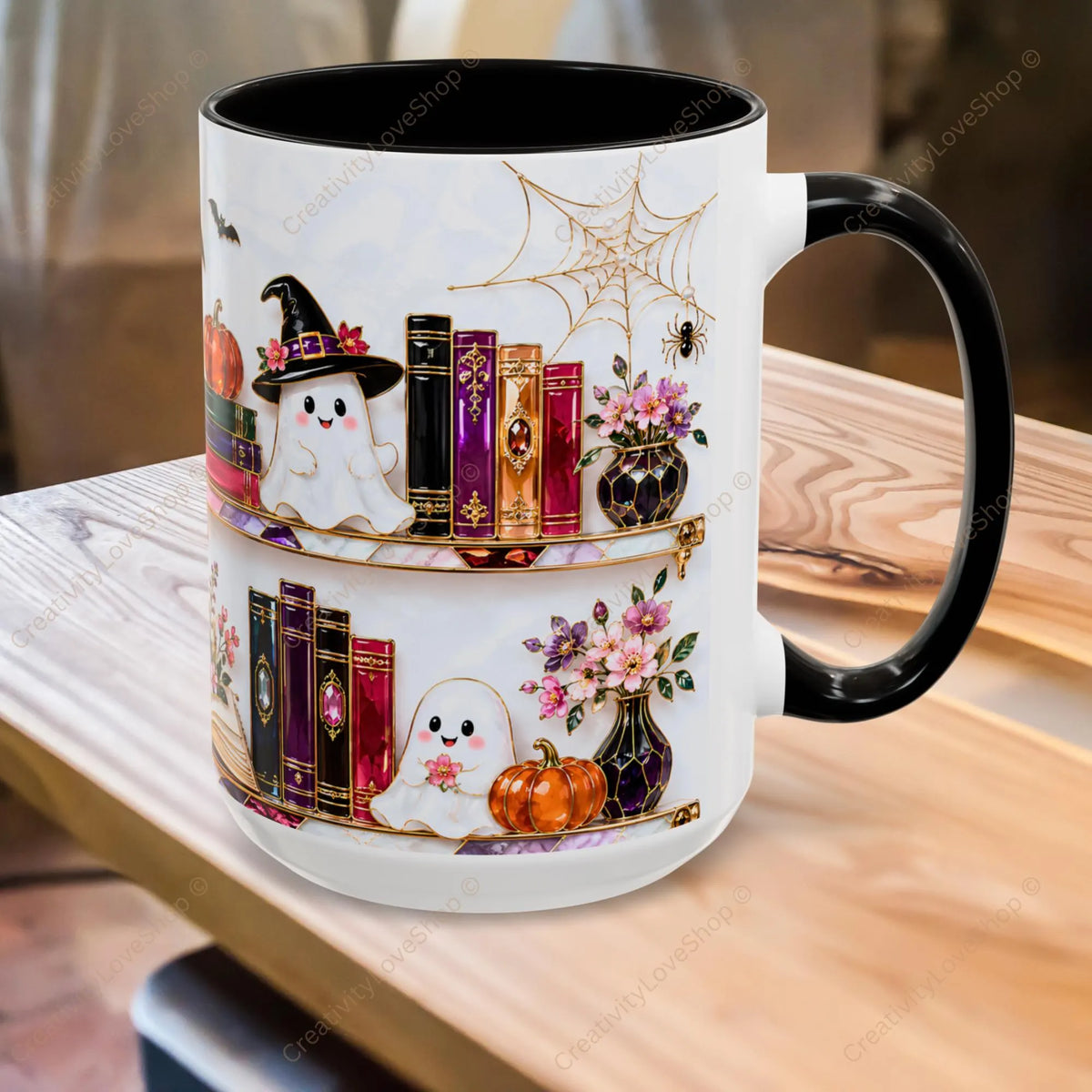 Halloween Ghost Bookshelf Mug, Black Cat Coffee Mug, Book Lover Gift, Witchy Ghost Mug, Spooky Library Cup, Fall Mug, Dark Academia Mug