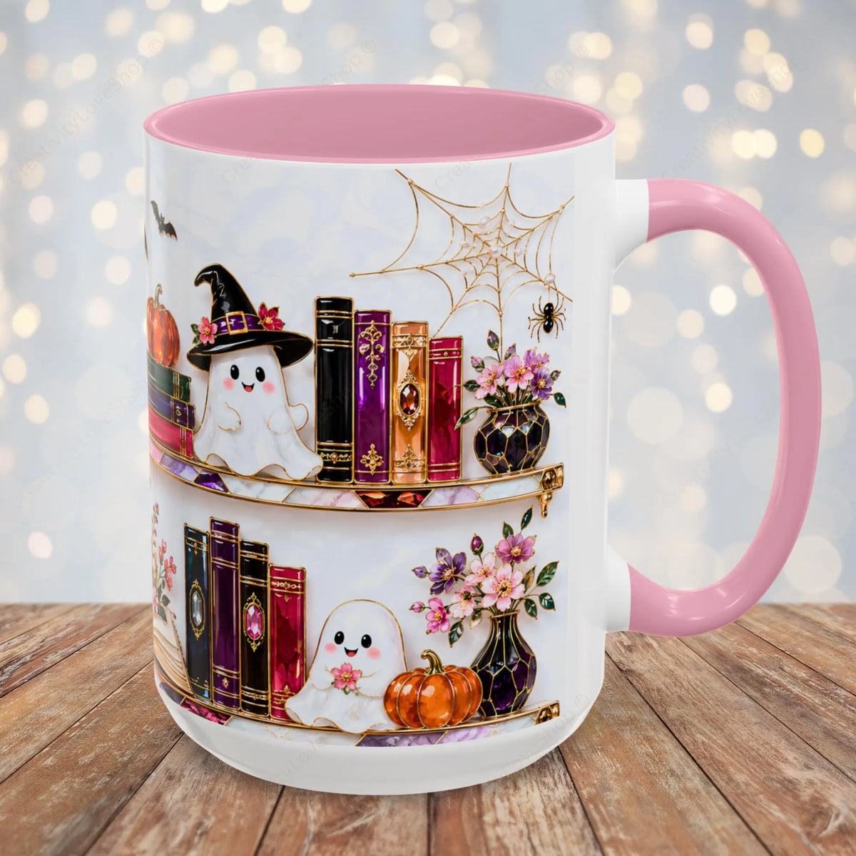Halloween Ghost Bookshelf Mug, Black Cat Coffee Mug, Book Lover Gift, Witchy Ghost Mug, Spooky Library Cup, Fall Mug, Dark Academia Mug