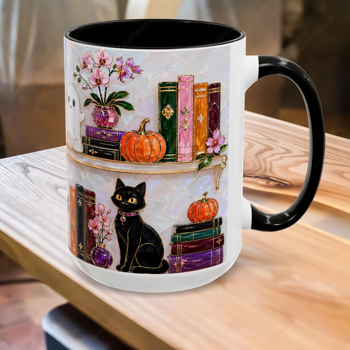 Halloween Ghost Bookshelf Mug, Cute Ghost Coffee Mug, Book Lover Gift, Pink Halloween Mug, Witchy Books Mug, Black Cat Mug, Fall Coffee Cup