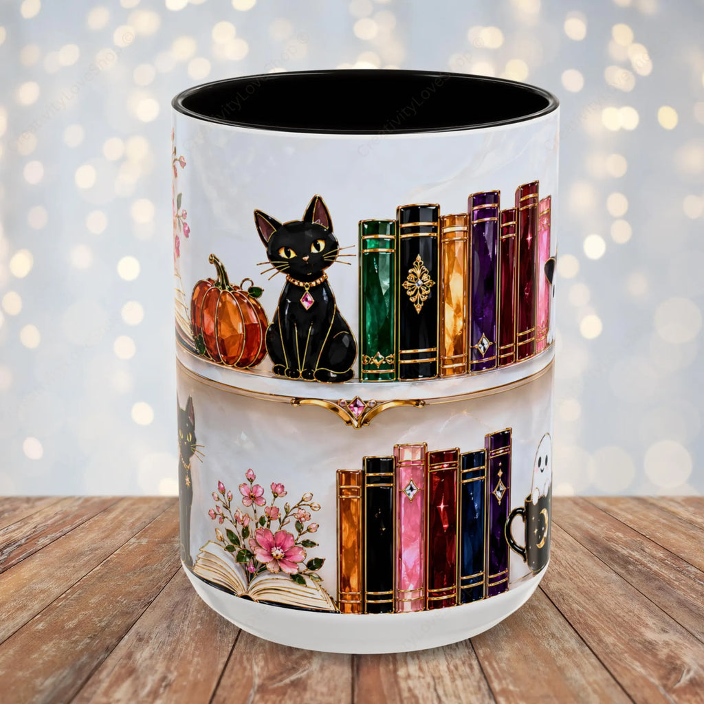 Halloween Ghost Bookshelf Mug, Black Cat Coffee Mug, Witchy Ghost Mug, Book Lover Gift, Spooky Library Mug, Pink Floral Bookshelf Mug 15oz