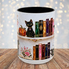 Halloween Ghost Bookshelf Mug, Black Cat Coffee Mug, Witchy Ghost Mug, Book Lover Gift, Spooky Library Mug, Pink Floral Bookshelf Mug 15oz