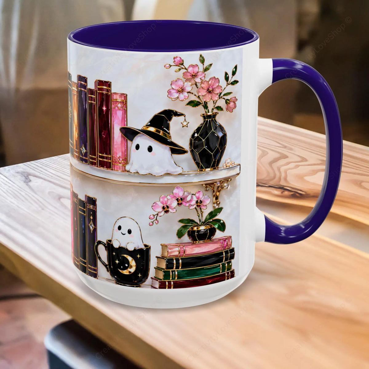 Halloween Ghost Bookshelf Mug, Black Cat Coffee Mug, Witchy Ghost Mug, Book Lover Gift, Spooky Library Mug, Pink Floral Bookshelf Mug 15oz