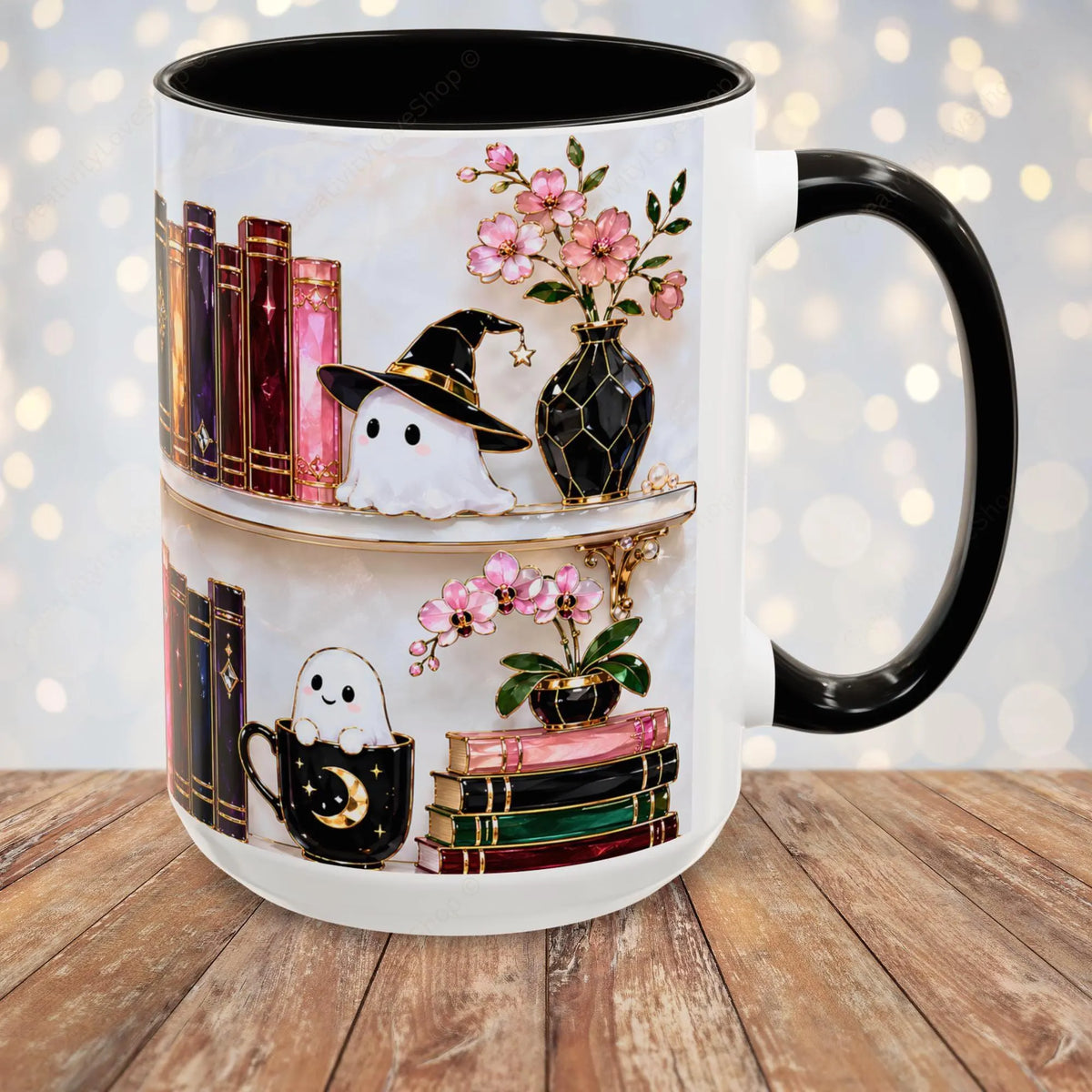 Halloween Ghost Bookshelf Mug, Black Cat Coffee Mug, Witchy Ghost Mug, Book Lover Gift, Spooky Library Mug, Pink Floral Bookshelf Mug 15oz