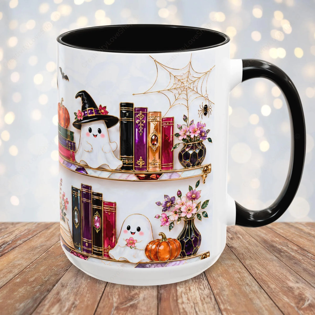 Halloween Ghost Bookshelf Mug, Black Cat Coffee Mug, Book Lover Gift, Witchy Ghost Mug, Spooky Library Cup, Fall Mug, Dark Academia Mug